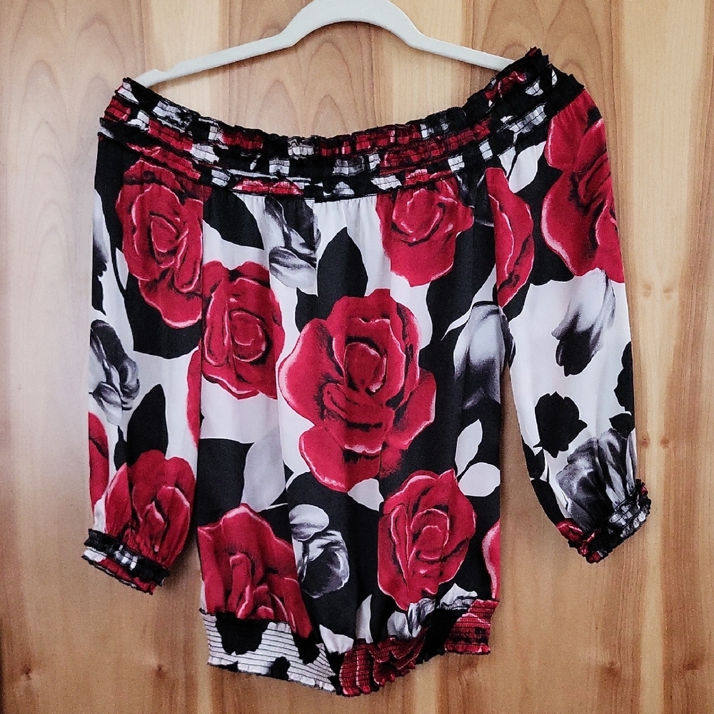 White House Black Market Red Rose Off-Shoulder Blouse